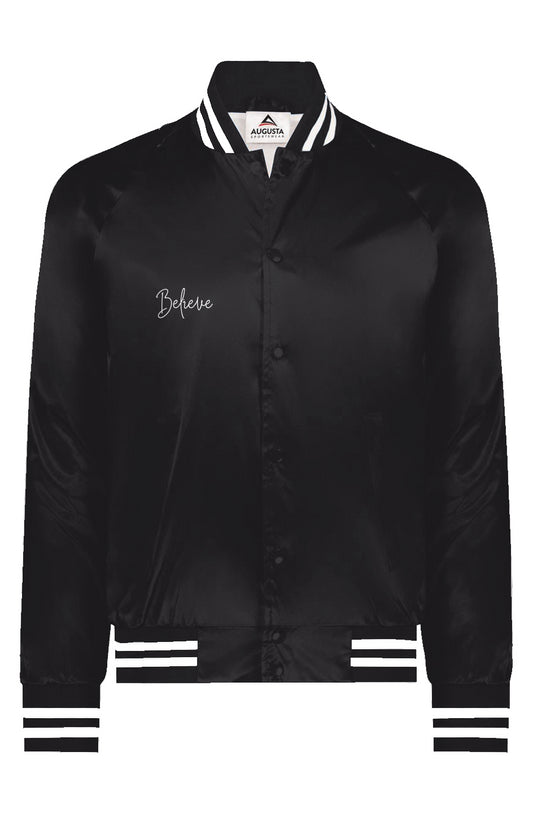 Believe Satin Baseball Varsity Jacket